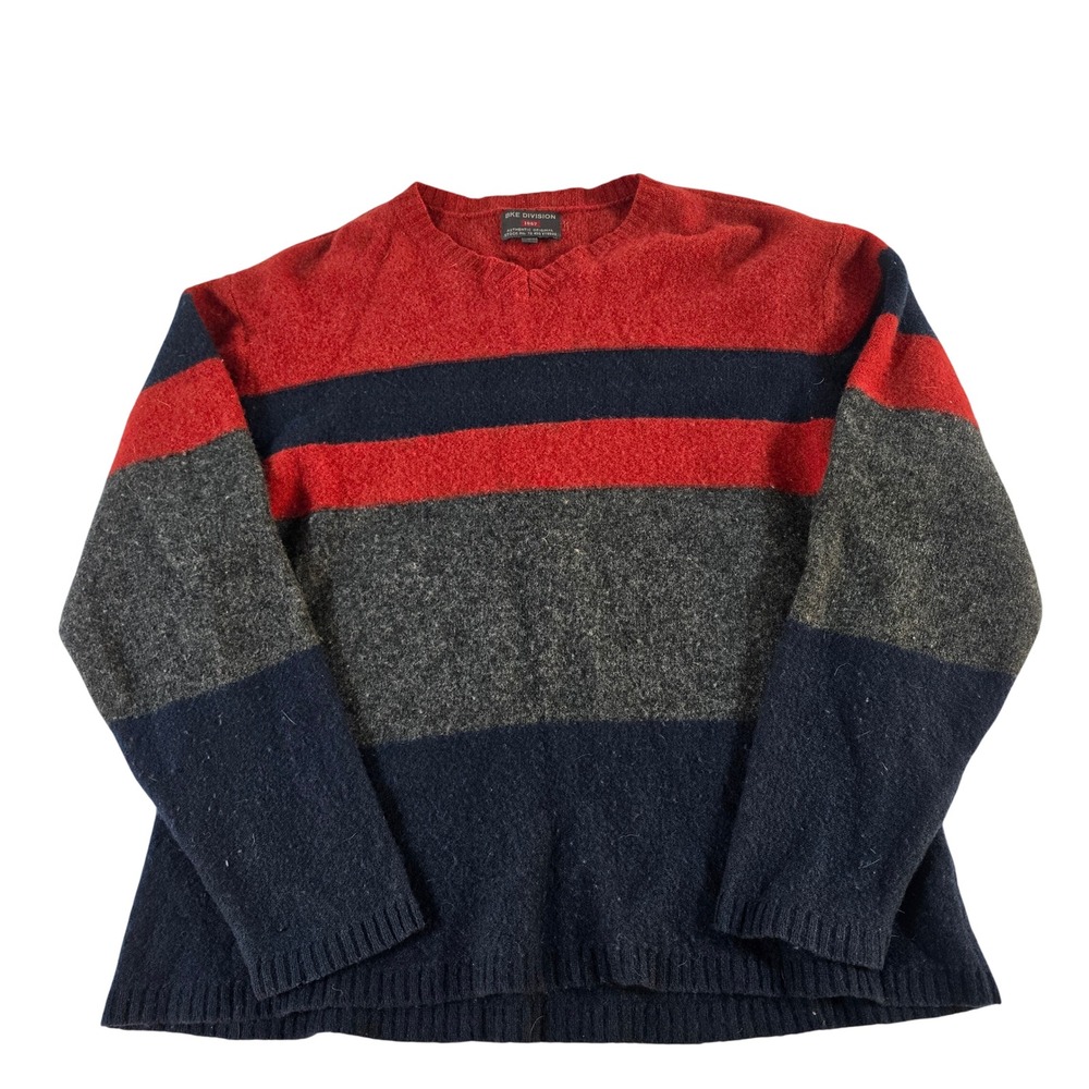 BKE Division Mens Large Red Navy Grey Striped 100% Wool V-Neck Sweater TY9900